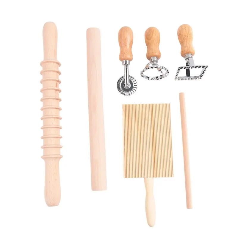 SEWS-7 Pcs Pasta Making Tool, Wood Gnocchi Board With Ravioli Stamp And Rolling Pin Set, Pasta Maker For Homemade Pasta