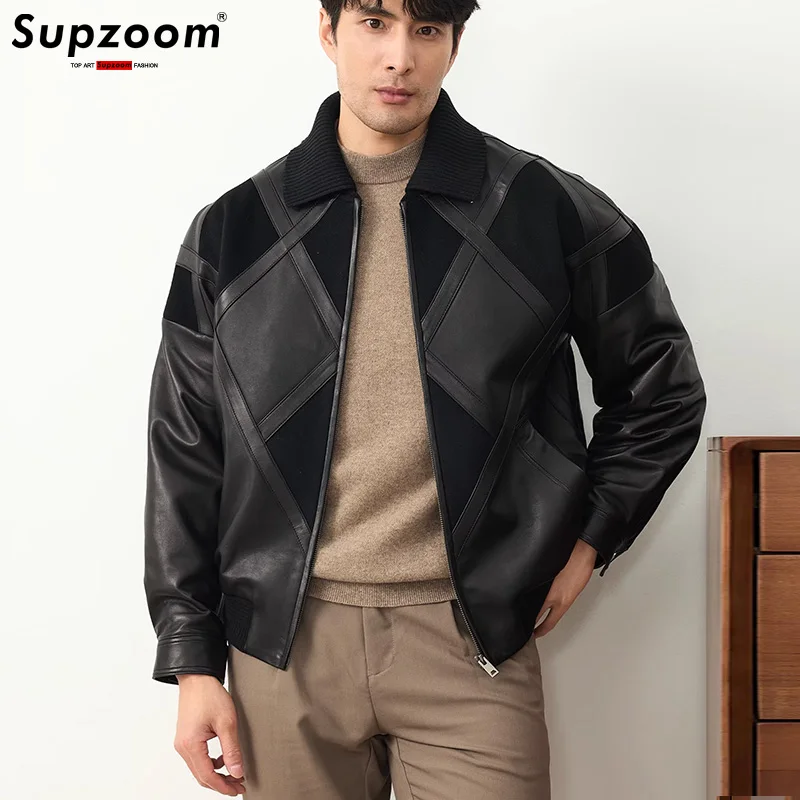 Supzoom New Arrival Autumn And Winter Loose Casual Retro Sheepskin Leather Handsome Diamond Shaped Splicing Design Jackets Men