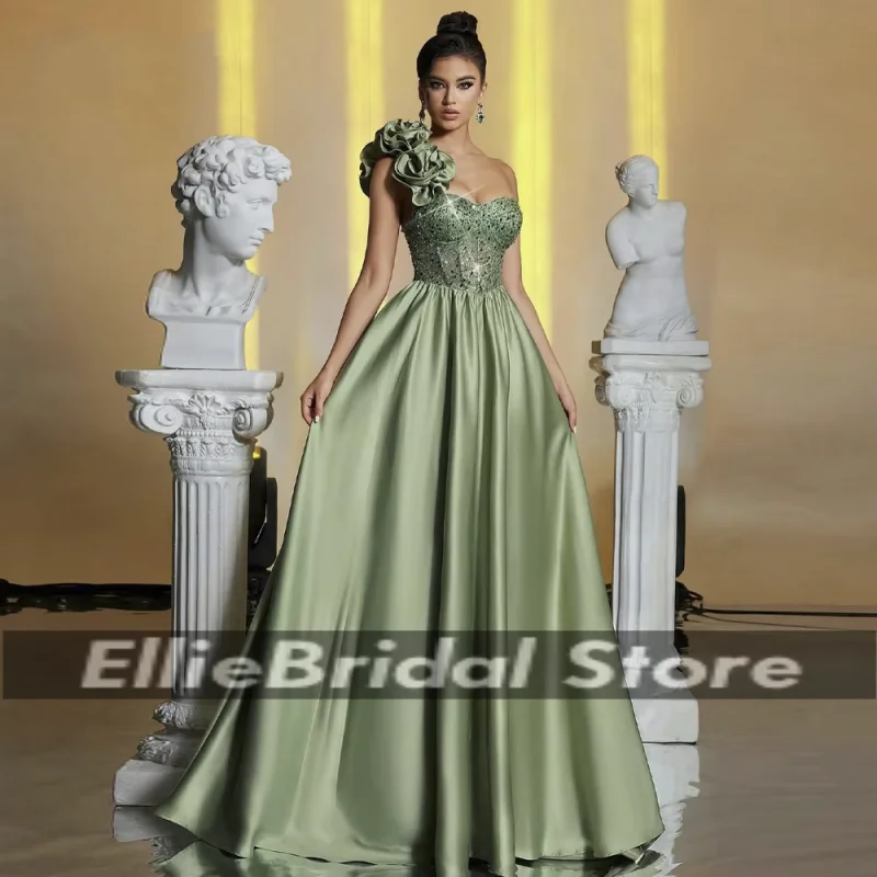 Green Mother of the Bride Graceful A Line One Shoulder Stain Beaded Women's Wedding Party For Women robes de soiré Customized