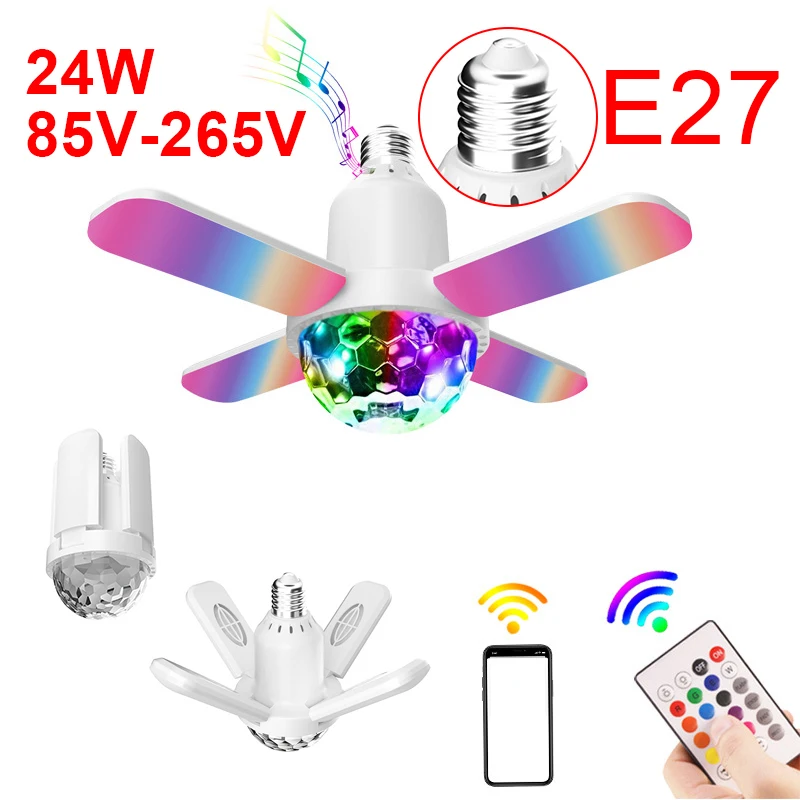 LED E27 Bulb Ceiling NightLight Colorful 4-Leaves Music Bluetooth Audio Folding Disco Floodlight with Remote Control for Bedroom