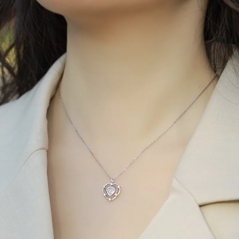 ALLNOEL 925 Sterling Silver Rainbow Moonstone Hollow Love Pendant Necklace for Women New Moon stone Heart-shaped Clavicle Chain
