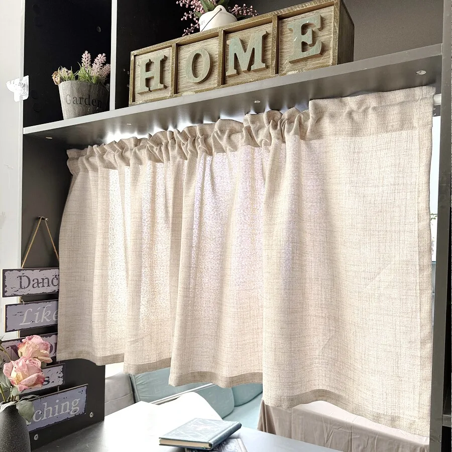 Linen Fabric Beige Kitchen Half Curtain Simple Wooden Color Semi Sheer Burlap Textured Canvas Cloth Short Curtain