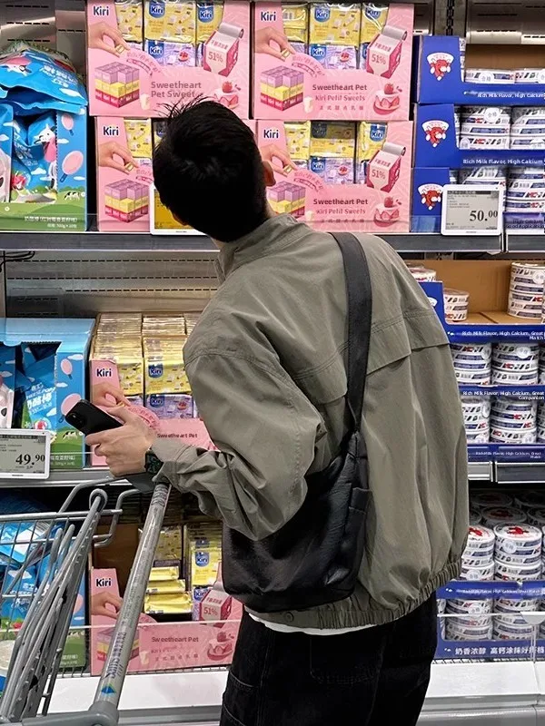 

Casual Loose Fit Stand Collar Jaet ex Light ey Versatile Spring Autumn Japanese Sle Retro Men's Women's Outerwear