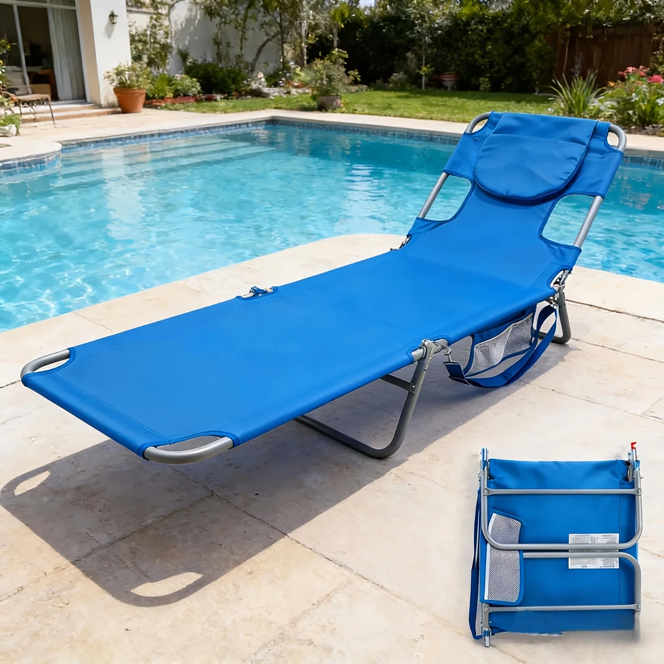 

Folding Adjustable Chaise Lounge Chair, Portable Comfort Folding Bed with Backpack Straps & Side Pocket for Patio, Poolside, Law