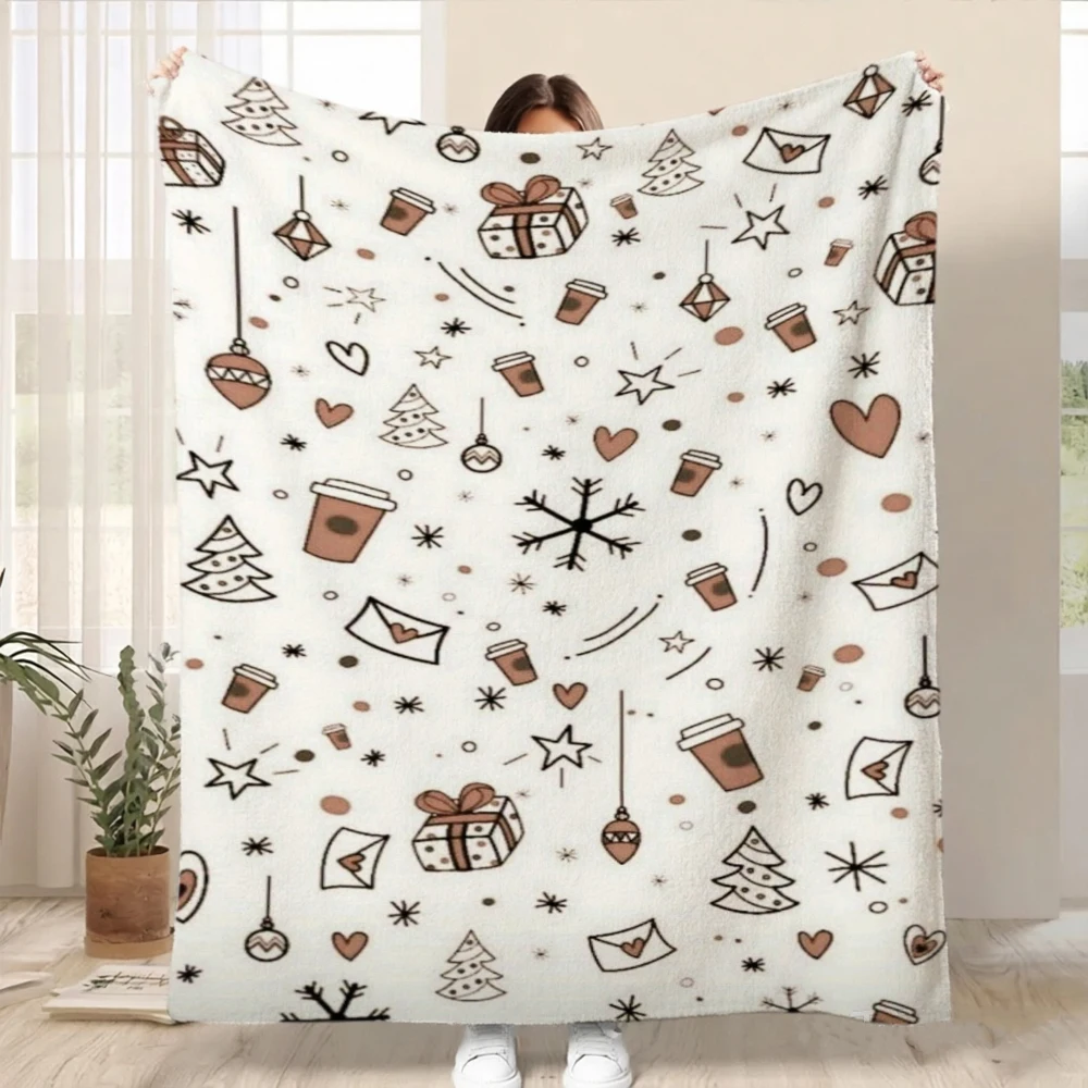 2d Printed White Coffee Cup Gift Box Snowflake Heart Pattern Throw Blanket For Holiday Party Xmas Gift Living Room Decor