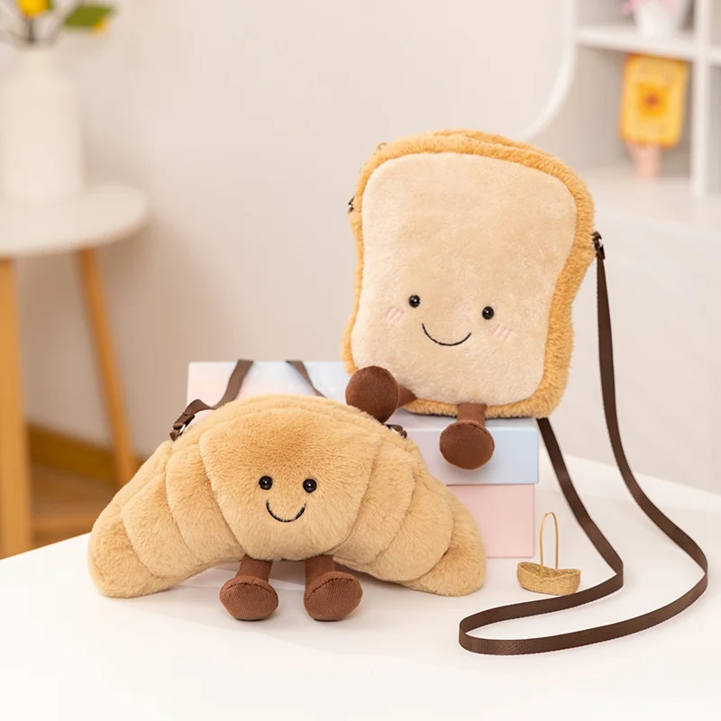 

Круассан, хлеб, тост, плюшевые игрушки, рюкзак, милая кавайная сумка в форме еды, детская модная уличная фотография для мальчиков и девочек, мягкая забавная переноска