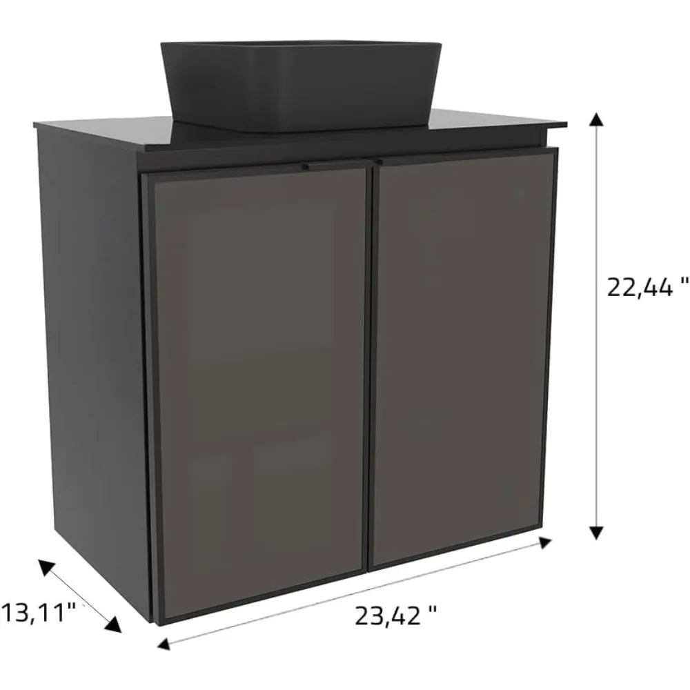 Umbu Combo Black Steel Bathroom Vanity Set 24" with Tempered Glass Countertop and Door, Black Square Ceramic Sink