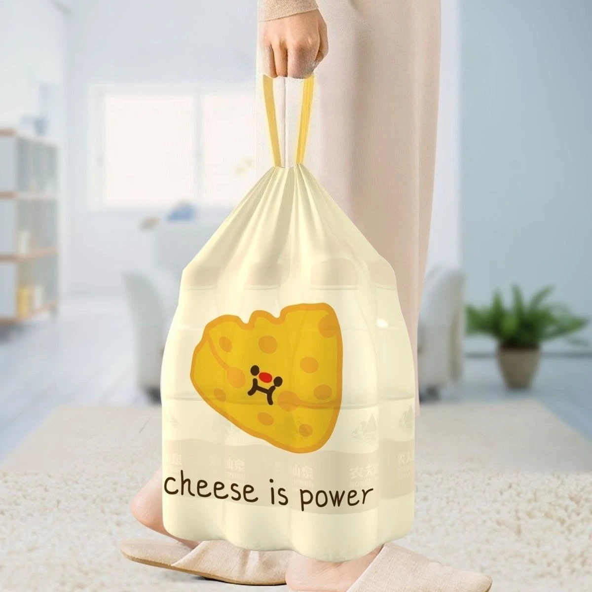 100-Pack Cheese Print Pattern 1 Roll of 50 Printed Tear-Free Garbage Bags for Home Use, Thickened, with Handles, Large Kitchen Cleaning Plastic Bags, Scented Drawstring Garbage Bags
