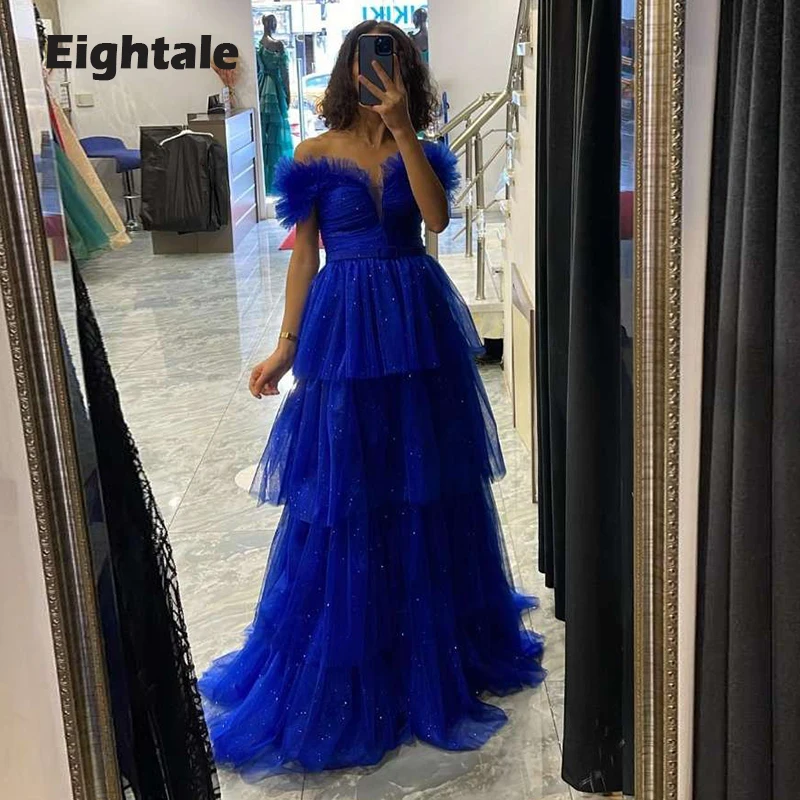 

Eightale Starry Prom Dresses 2022 Royal Blue Off Shoulder Tiered Sparkly Evening Gown Long Party Dress vestidos para graduación