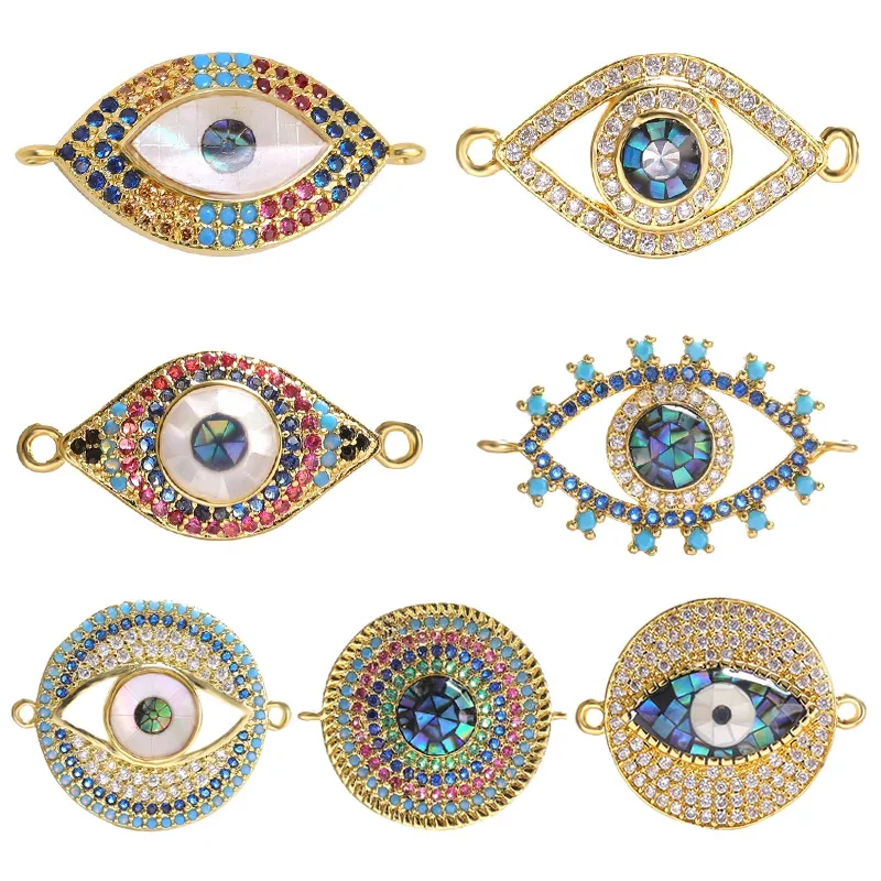 Juya Handamde 18K Gold Plated Luxury Pearls Shell Greek Evil Eye Charms Connectors For DIY Turkish Lucky Talisman Jewelry Making