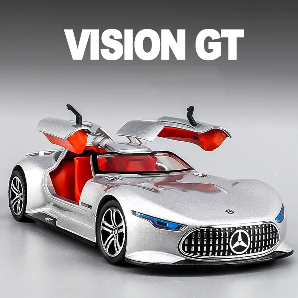 1:24 Vision GT SLS Modello in miniatura Pressofuso in lega Auto Giocattoli Suono Luce Tirare indietro Porte aperte Ruota anteriore Sterzo per i regali del ragazzo