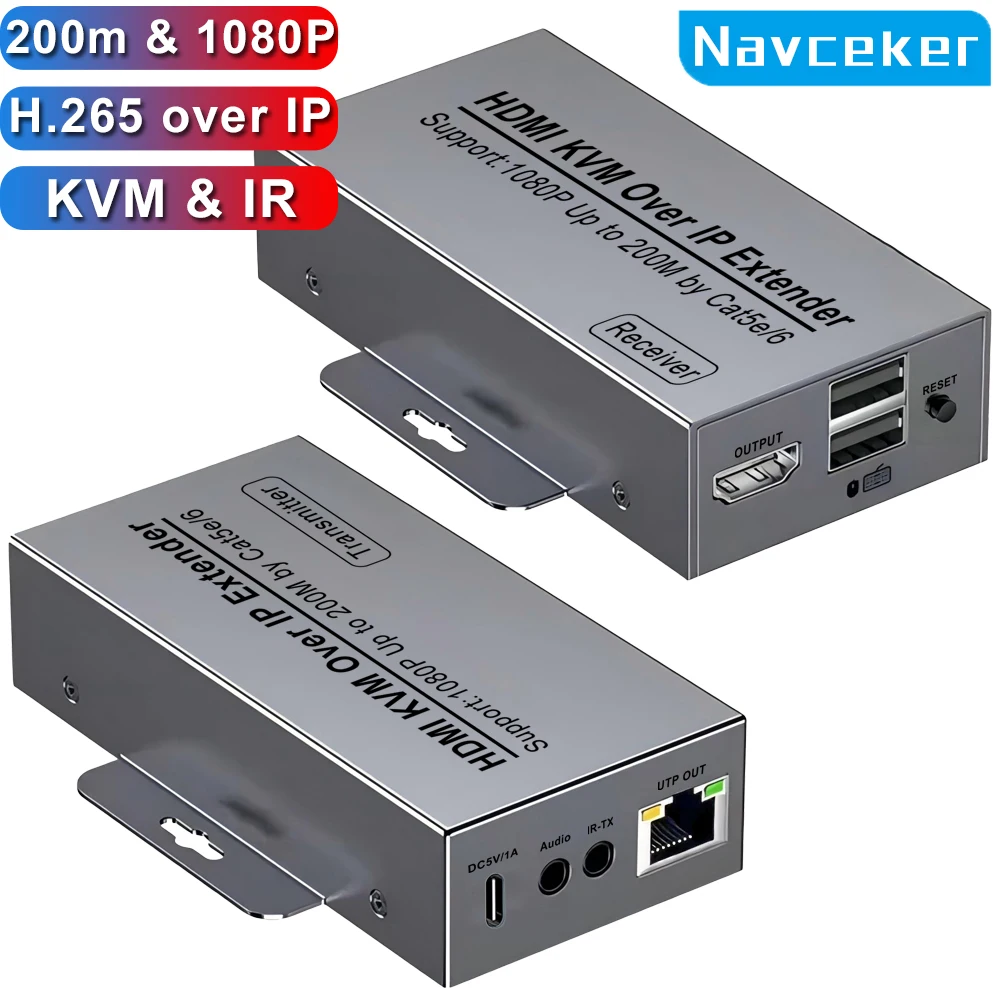 Navceker 200M H.265 HDMI KVM 익스텐더, IP 기반 4K HDMI-RJ45 변환기, Cat6 LAN 이더넷 네트워크를 통해 마우스 및 키보드 연결 가능
