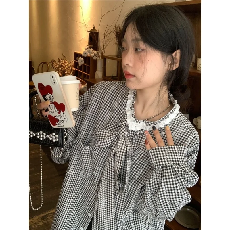 Lace Patchwork Plaid Shirt Tops Spring New Long Sleeve Bow Lacing Loose All-match Korean Blouse Casual Fashion Women Clothing