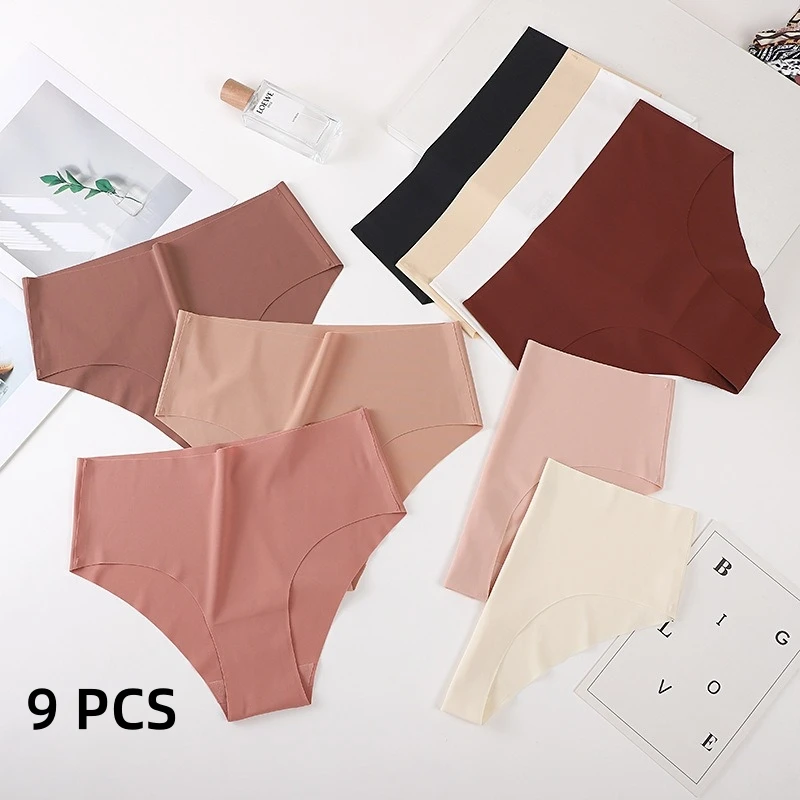 

9 PCS Traceless S Comfortable Underwear Women's Sexy plus size Breathable Cotton Crotch High Waist Ice Silk Ladies Briefs