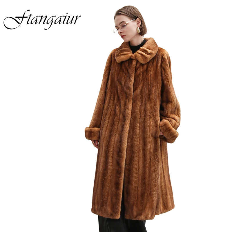 Ftangaiur New Winter Import Velvet Young Female Mink Fur Coat Turn-Down Collar Mink Coat Women Long Natural Real Mink Fur Coats