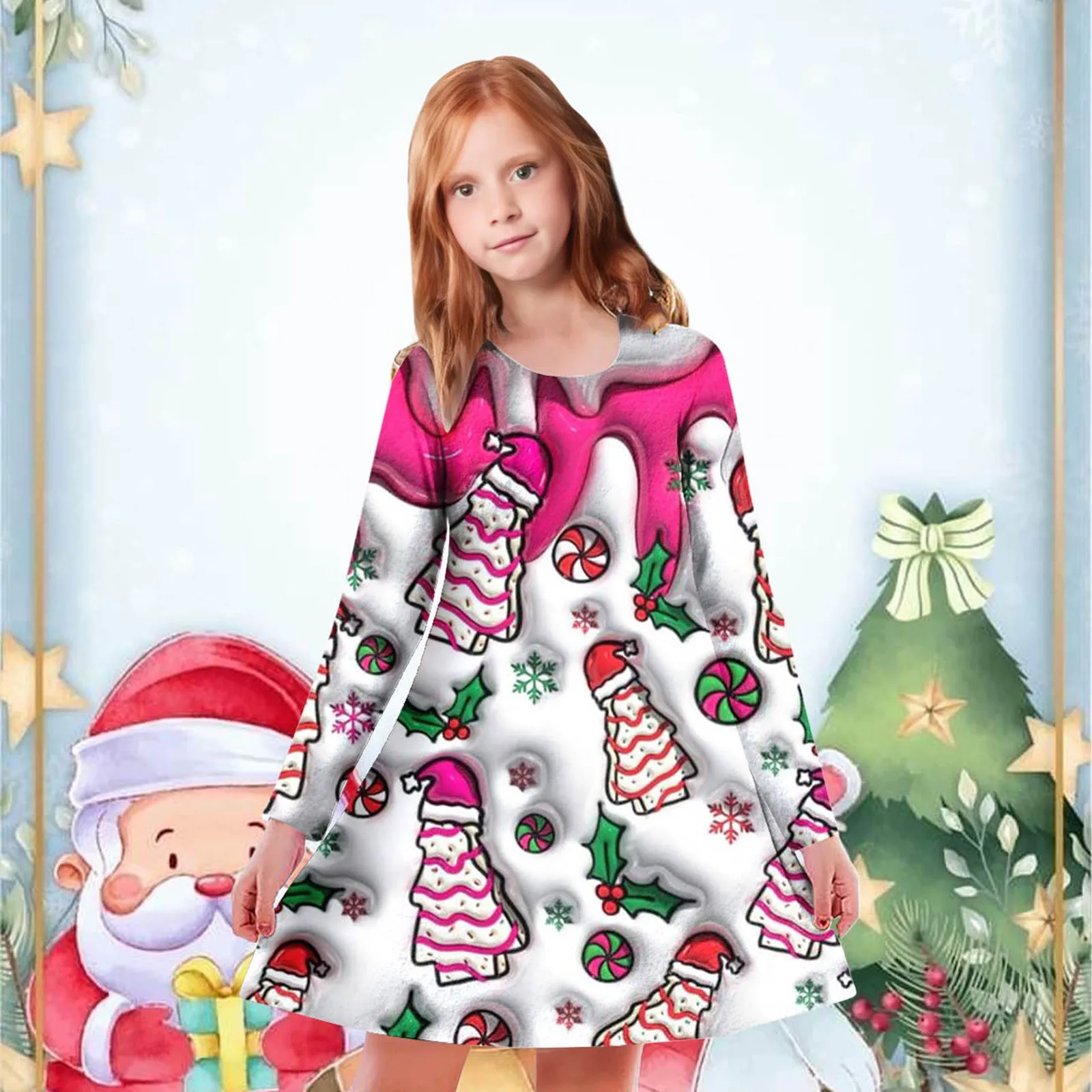 2024 Christmas Dress Kids Long Sleeve Full Printing Casual Elk Xmas Baby Girls Clothes Santa Claus New Year Party Dresses Outfit