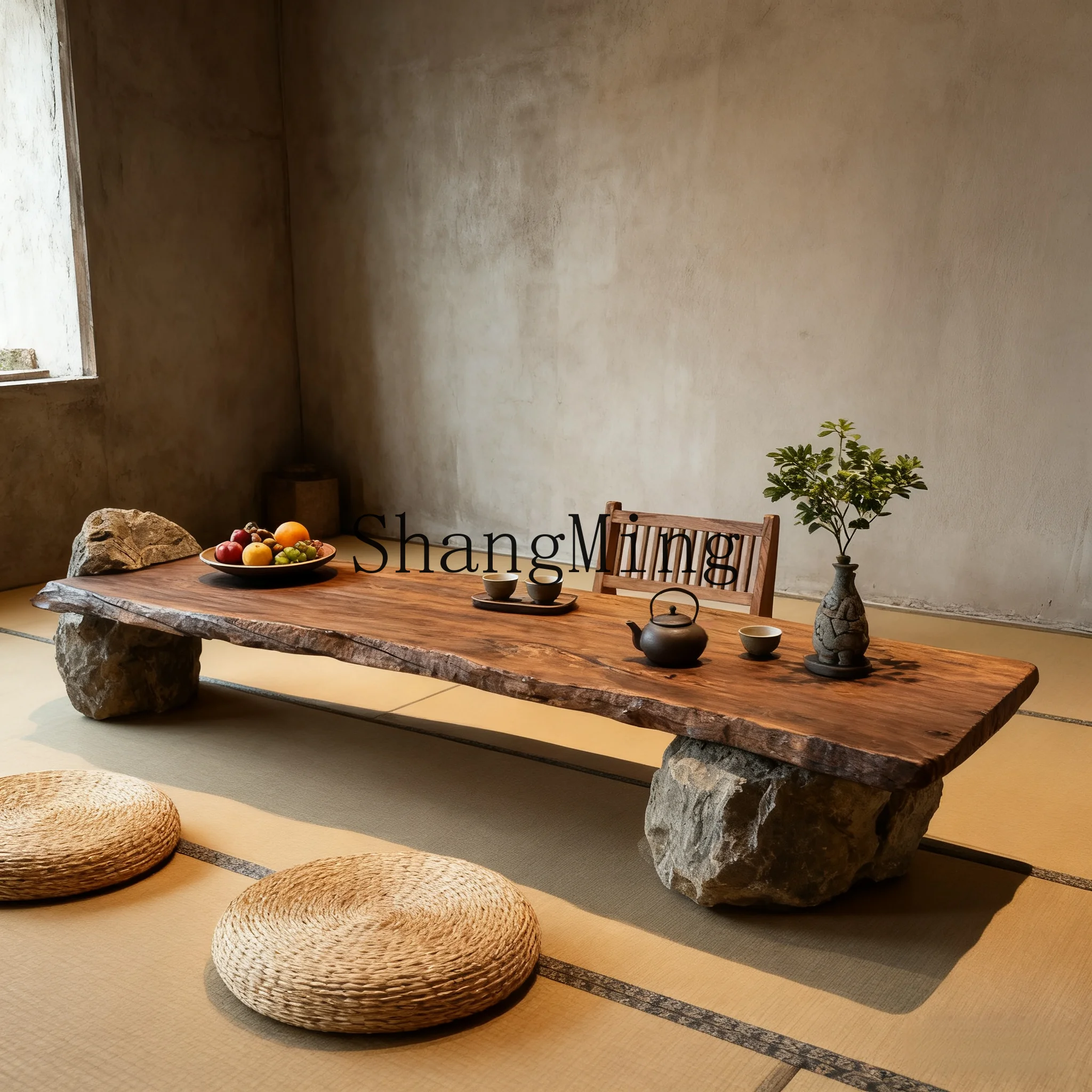 

CL wind solid wood tea table and chair combination homestay coffee table wood and stone combination table