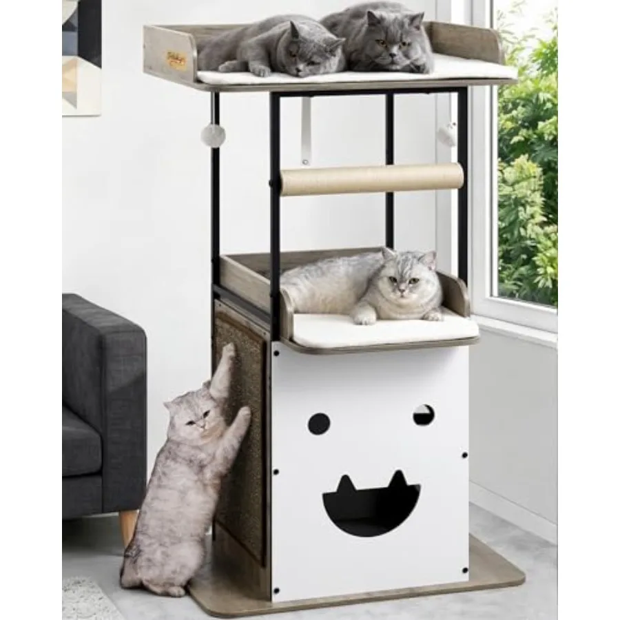 

Wood Modern Cat Tree Tower for Indoor Large Cats 48-Inch Tall Wooden Cat Trees with Big Perch Bed Multi-Level Condo with Scratc