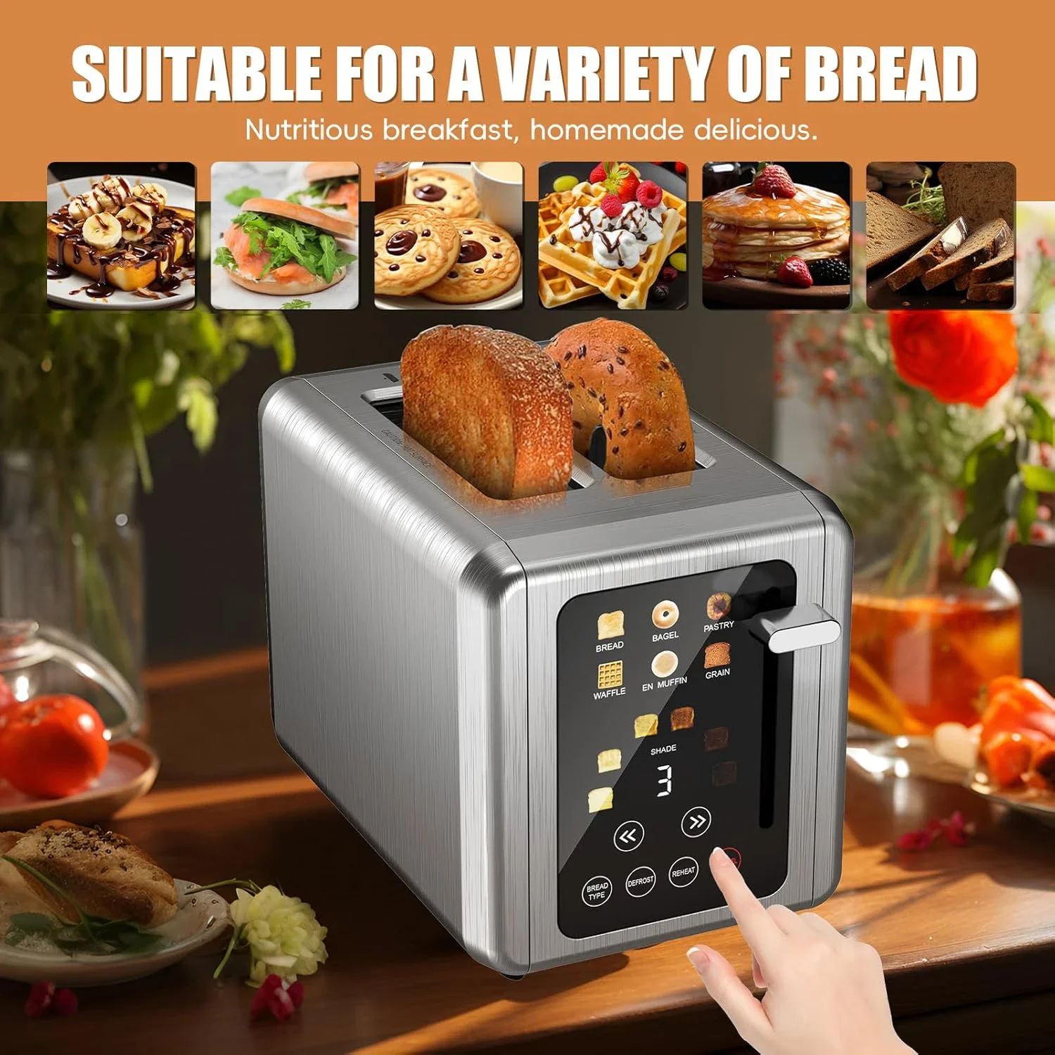 Stainless Steel Toaster, Touch Screen, 2-Slice Automatic Home Bread Toaster, 6 Browning Levels for Breakfast Machine