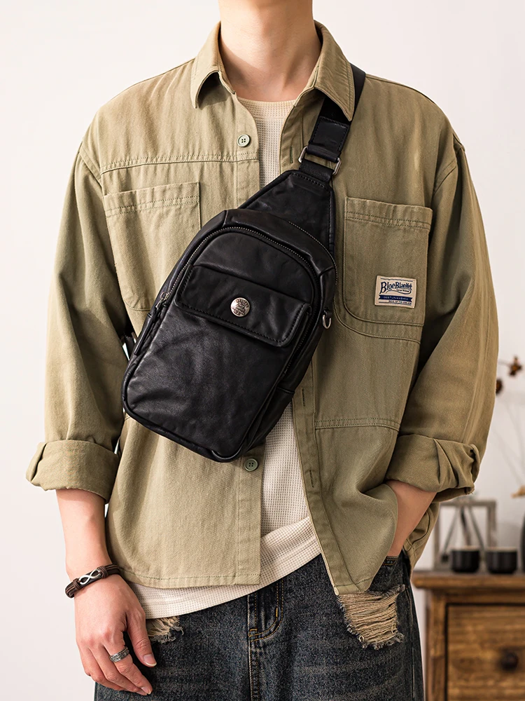 حقيبة صدر سوداء للرجال من الجلد الأصلي فاخرة وخفيفة الوزن للاستخدام اليومي في عطلة نهاية الأسبوع والسفر والرياضة المصنوعة يدويًا من جلد البقر #4