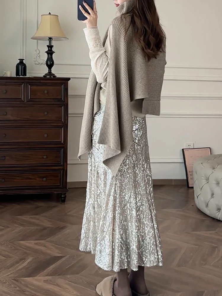 Waist Slim Mermaid Skirt with paillettes Evening Party Club HOUZHOU Long Sequin Skirt Women 2023 Autumn Elegant Silver High