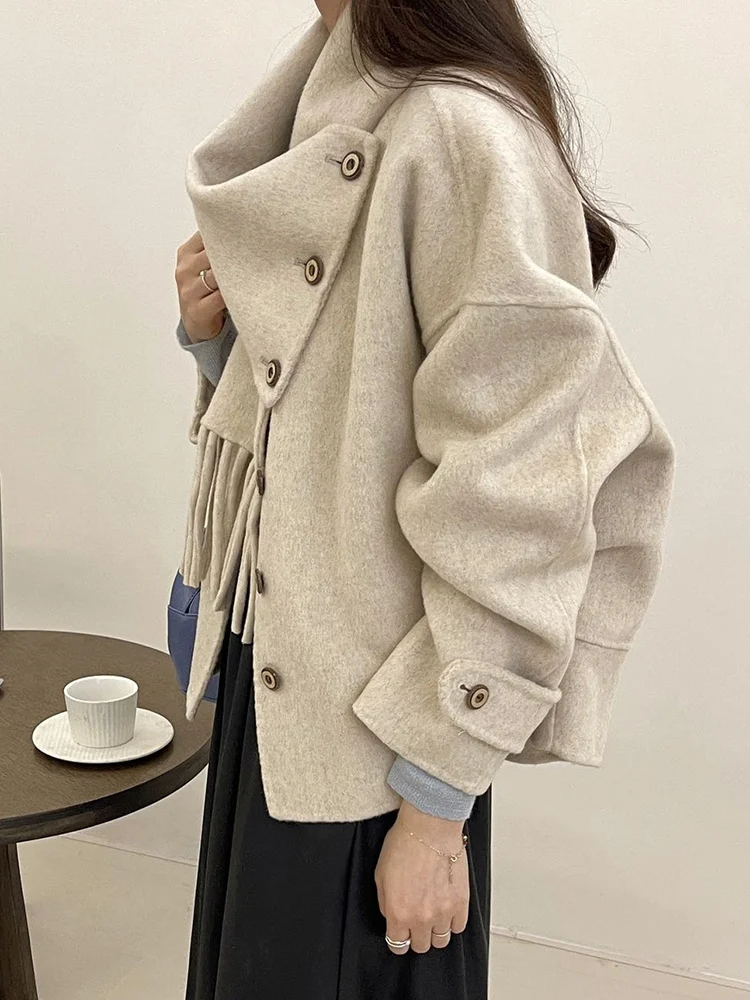 LANMREM Korean Style Wool Short Coat Women Scarf Collar Design Single Breasted Clothing Fashion Female 2024 Winter New 2VV101