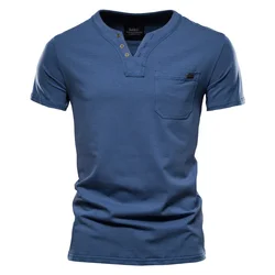 2023 Men's V-neck Short Sleeved T-shirt for Men's Youth Casual Slim Fit Sports Henley Shirt Solid Color T-shirt for Men