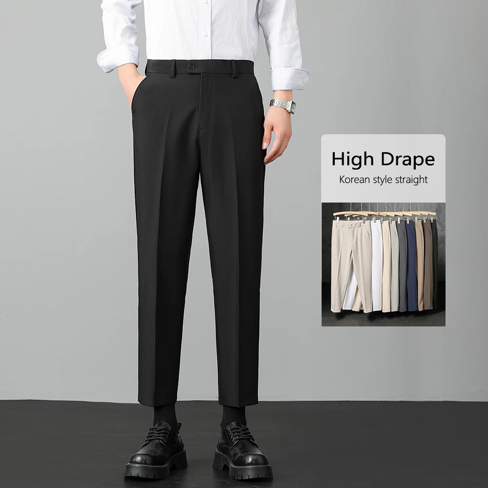 Men's Stretch Straight Suit Pants Korean Style Formal Dress Trousers High Drape Anti-wrinkle Spring Fashion Slim Casual Slacks