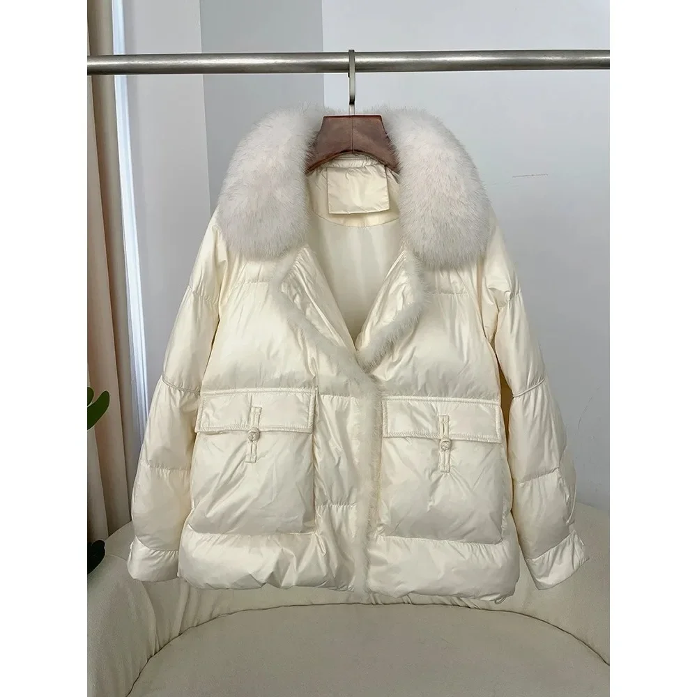 Korean Style Loose Casual Down Jacket Autumn Winter Fashion Fox Fur Collar Spliced 90% White Duck Down Thickened Warm Women