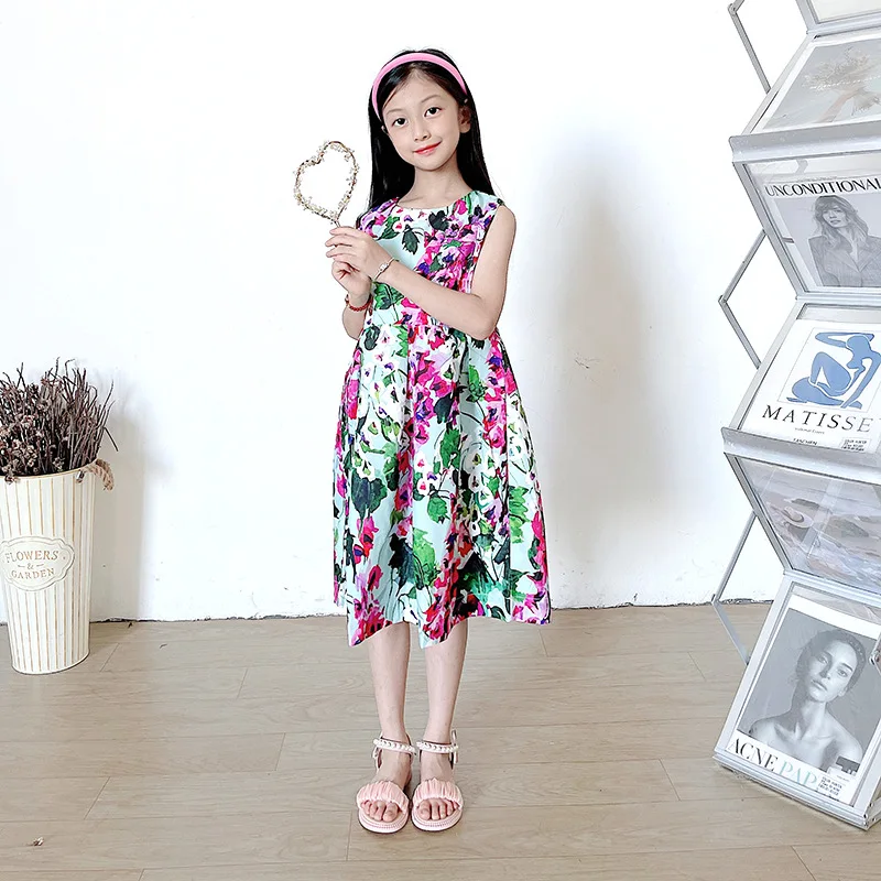 2024 New Girl\'s Summer Dress Bohemian Fragmented Flower Skirt Printed Strap Skirt Holiday Casual Skirt Kids Dresses for Girls