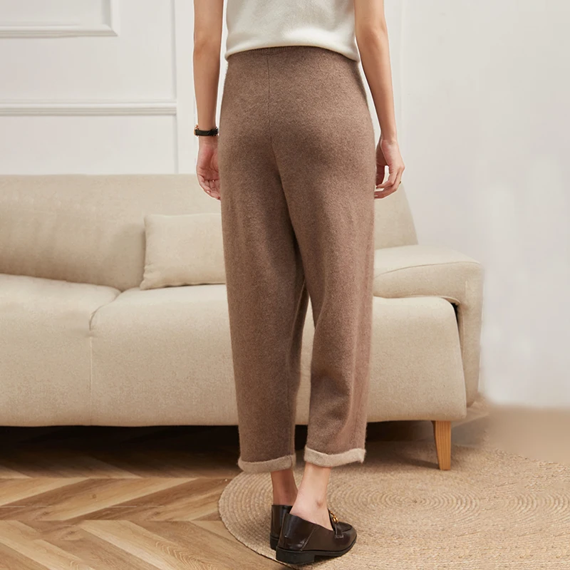 Spring/Autumn Women 100% Cashmere Knit Loose Pants Nine point pants Fashion Grandma Pants Soft Comfy Elasticated Waist Trousers