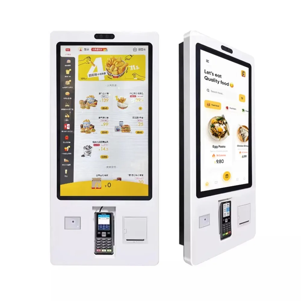 32-Inch interactive digital signage kiosk for self-service ordering and payment systems in restaurants and cafeterias