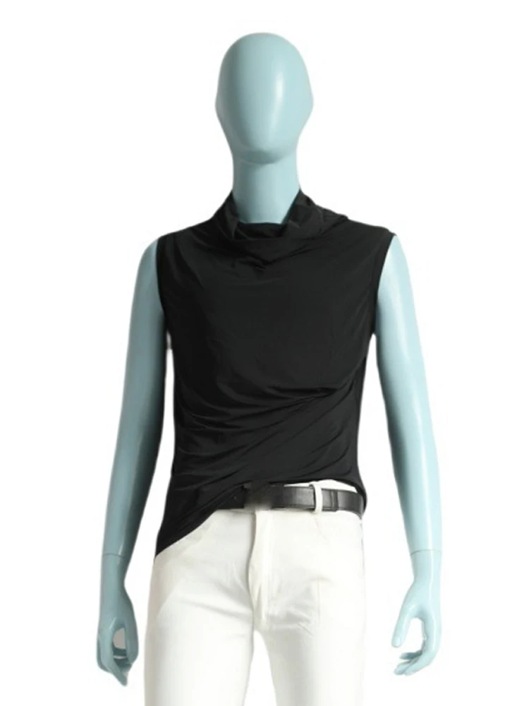 Sexy Men's High Neck Vest Quality Ice Silk Sleeveless Tank Tops Fashion Man Loose T-shirts Nightclub Party Exotic Male Tops