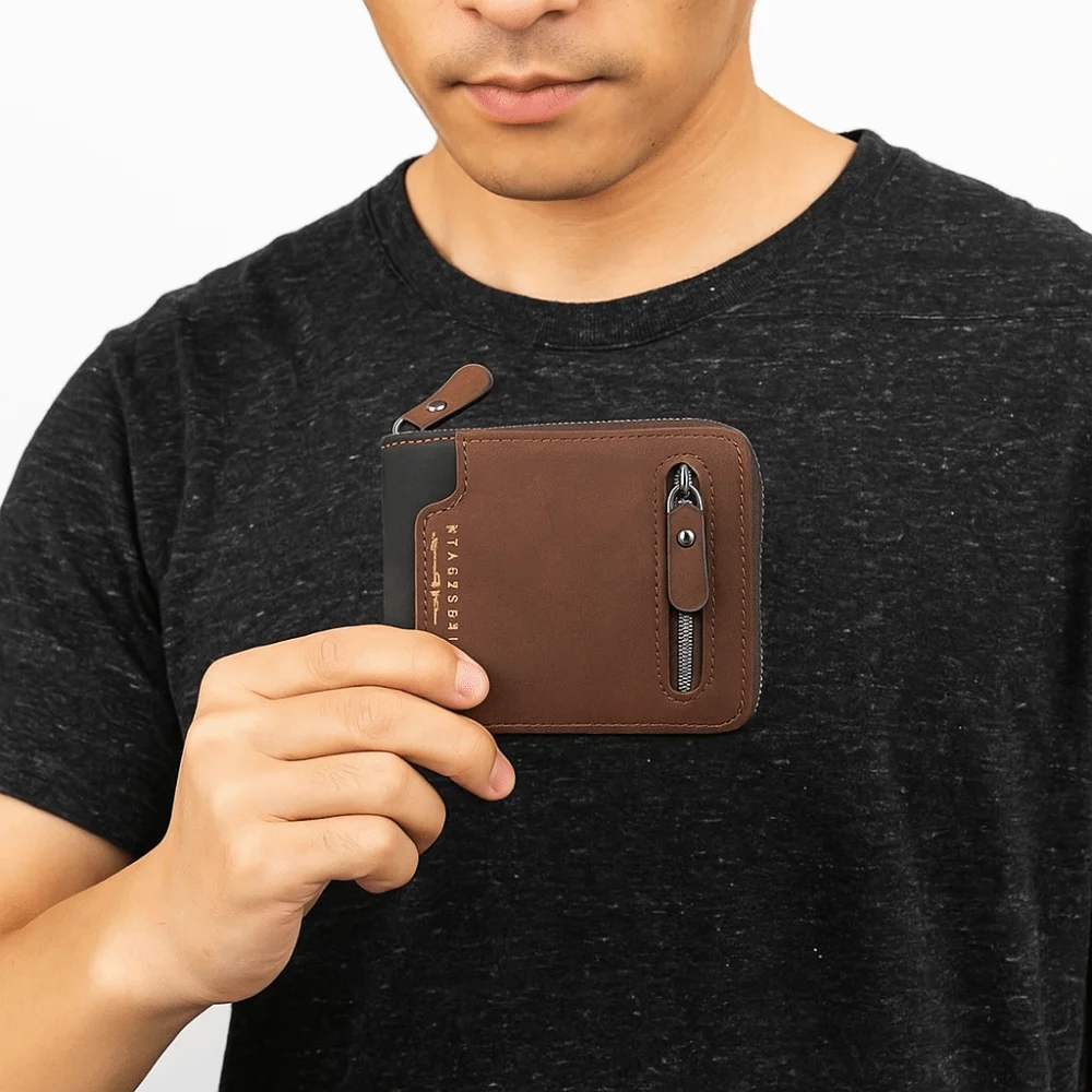 Portable Multi-position Men's Short Wallet Large Capacity Zipper PU Leather Coin Purse Multi-function Thin Card Holder Male