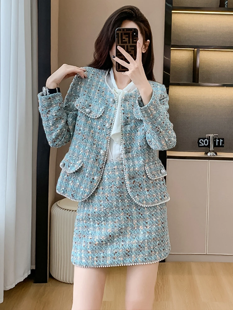 Fashion Elegant Tweed Beaded Suit Women 23 Autumn Winter Splicing O-Neck Button Pocket Long Sleeve Coat+A-Line Skirt 2-Piece Set