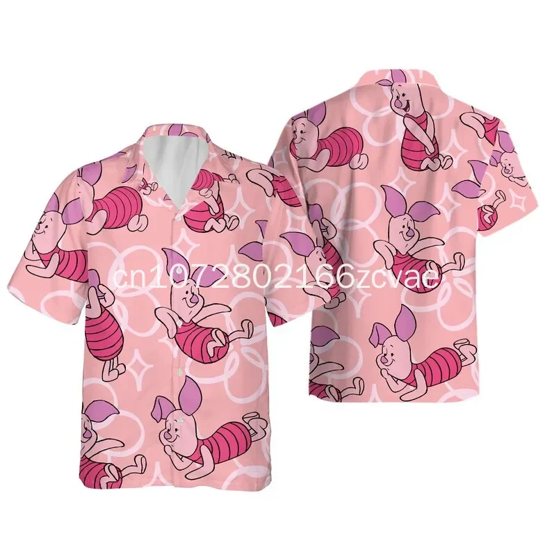 2024 Summer New Disney Piglet Hawaiian Shirt Disney Men's And Women's Button Short sleeved Shirt Casual Beach Shirt