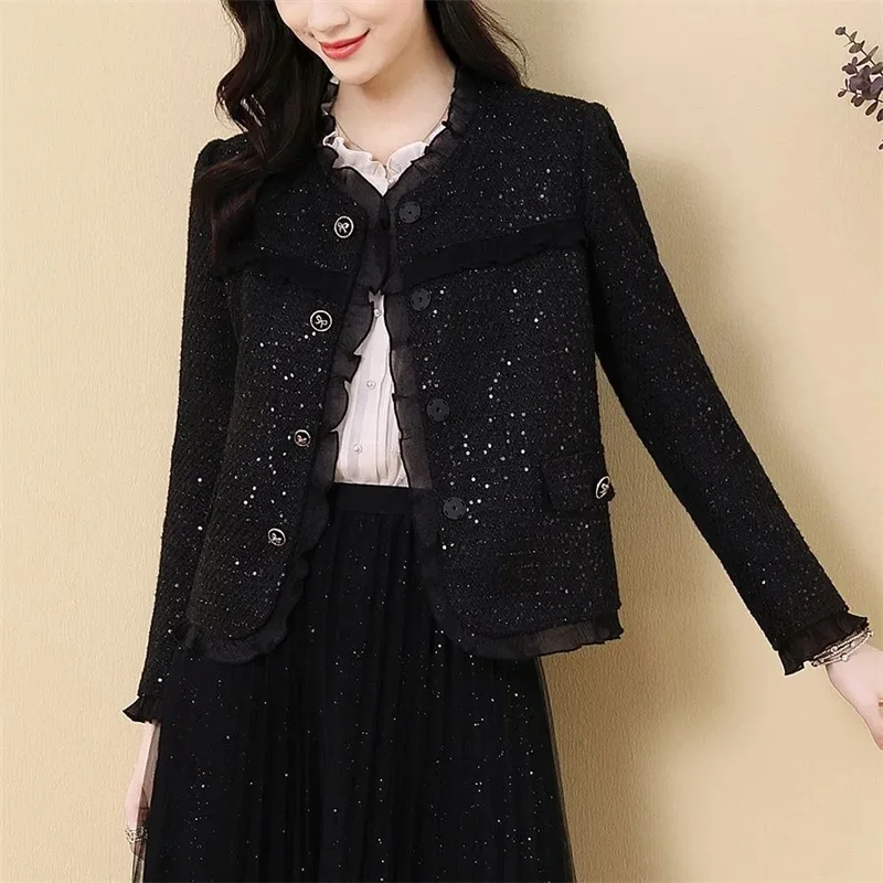 

Black Quality Tweed Jacket Ladies 2025 Spring Autumn New Short Outerwear Loose Temperament Slim fashion Coat Women Overcoat Tops