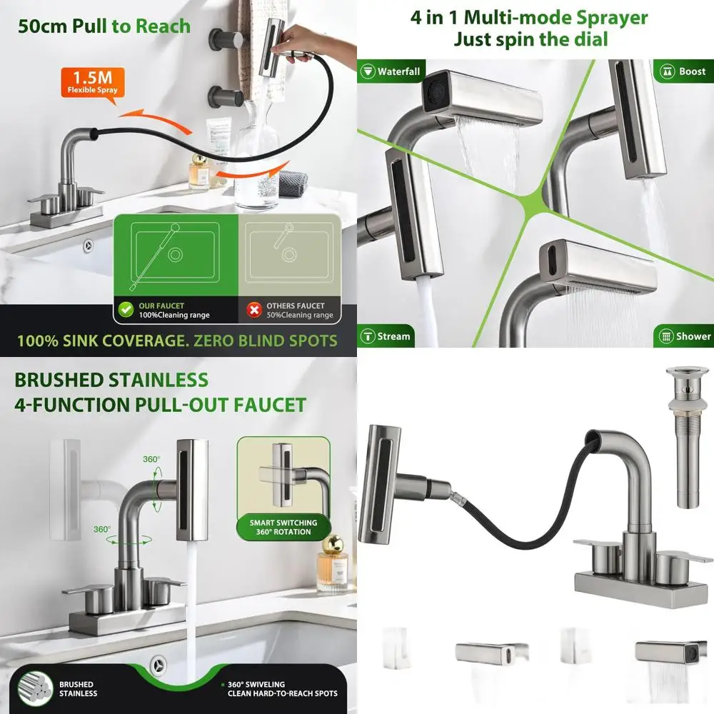 

3-Hole Brushed Nickel Dual Handle Centerset Laundry Sink Faucet with Pull-Out Spray and Pop-Up Drain