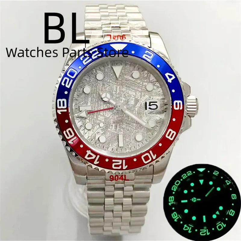 BLIGER Watches For Men 40mm NH34 GMT Gray Meteorite Dial Blue Red Bezel Green Luminous Sappire Glass Stainless Steel Strap Date