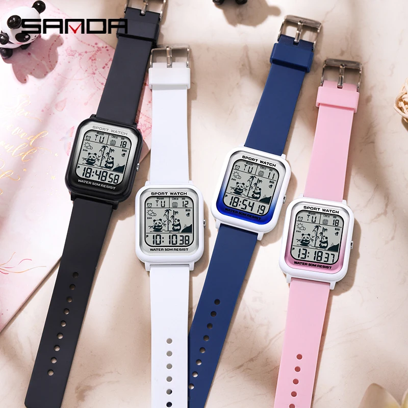 SANDA 2024 New Top Panda Pattern Square Gradient Electronic Watch Sports Casual Outdoor Waterproof Trend Unisex Wristwatch 6120