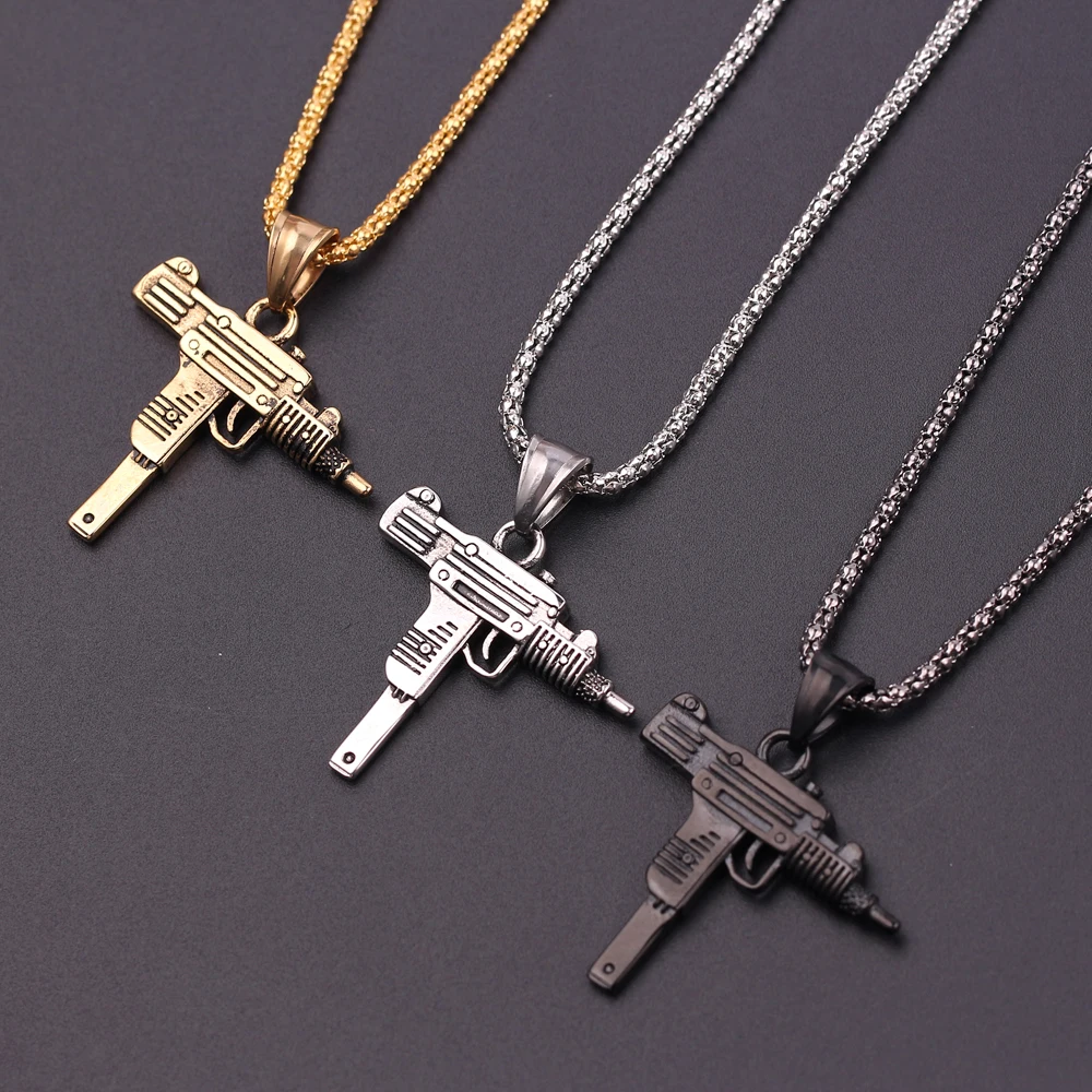 Personality Uzi Gun Shaped Pendant Necklace For Women Men Bar Party Accessory Gothic Male Punk Hip Hop Chain Jewelry