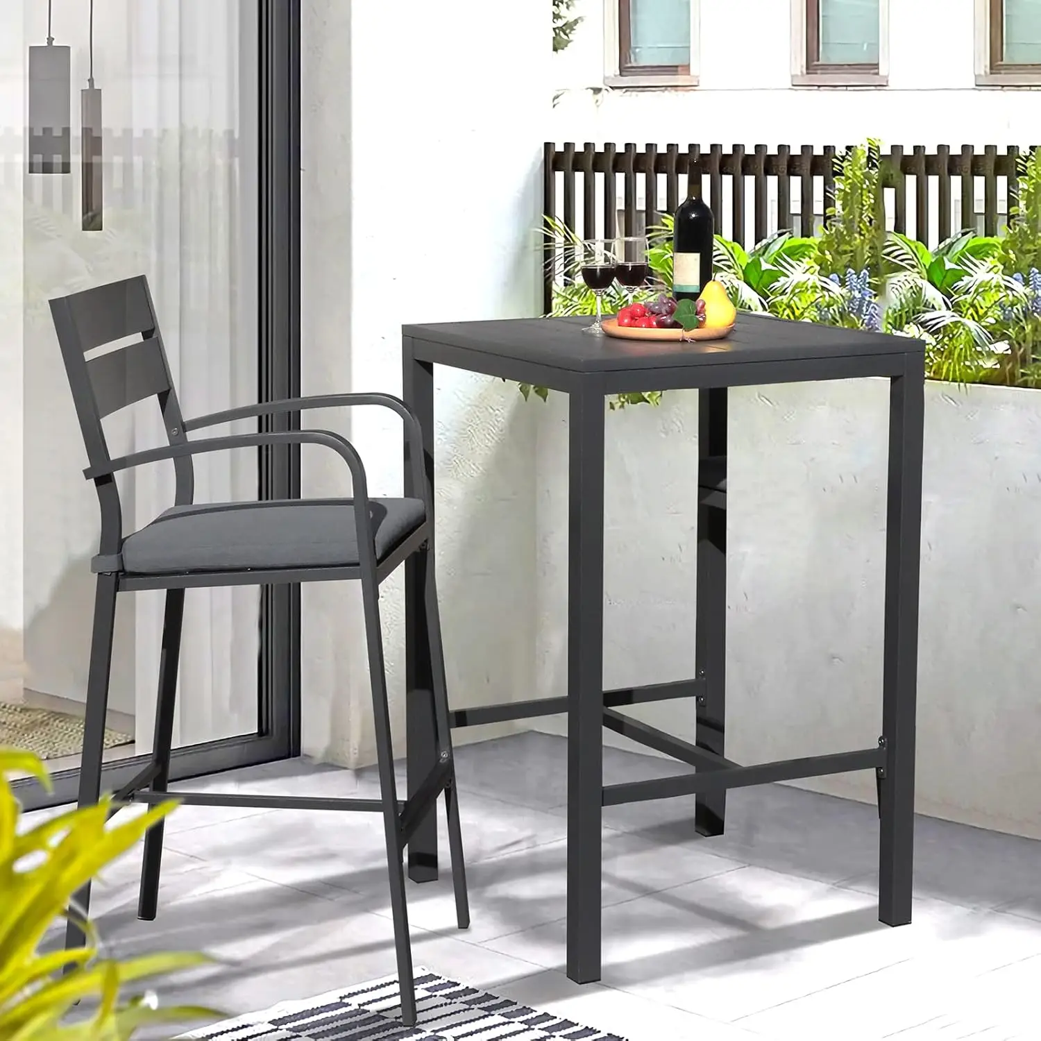 All-Aluminum Frame Square Pub Table, uso interno e externo, fácil montagem, baixa manutenção, cinza escuro