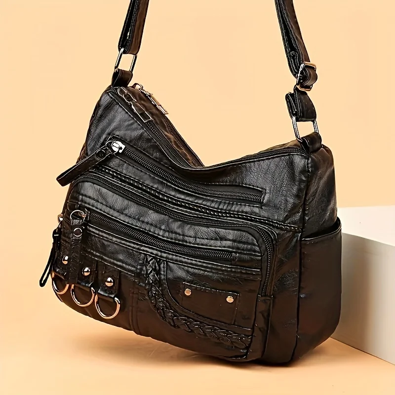 Vintage PU Crossbody Bag, Women's Fashion Handbag & Purse，Retro Multi Layer Shoulder Female Work Travel Messenger Bag