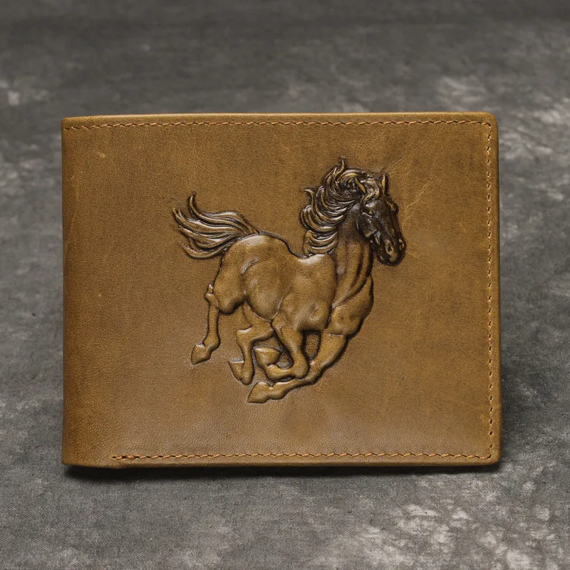 Horse Totem Genuine Leather Men Wallets Zipper Engraving Coin Purse Short Male Money Bag Rfid Walet Card Holder Clutch