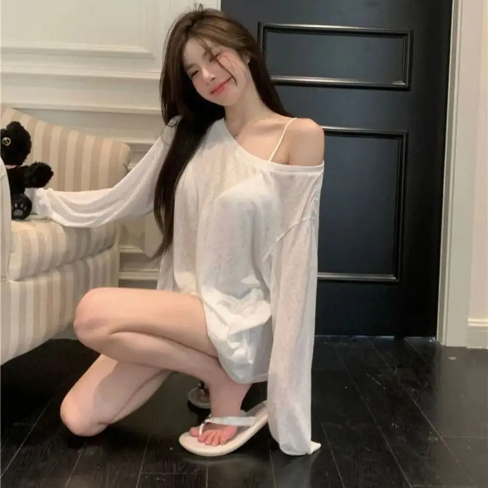 

Bikini Cover Up Loose T Shirts Summer Beach Wear Plain Oversize Bottoming Shirts UV-Protective Transparent Long Sleeves Tops