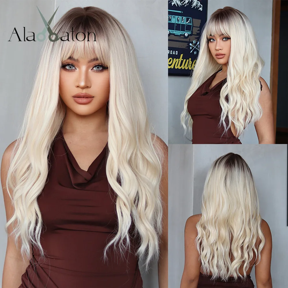 ALAN EATON Platinum Blonde Curly Synthetic Wigs with Bangs Ombre Blonde Hair Wig for Women Natural Looking Wig High Temperature