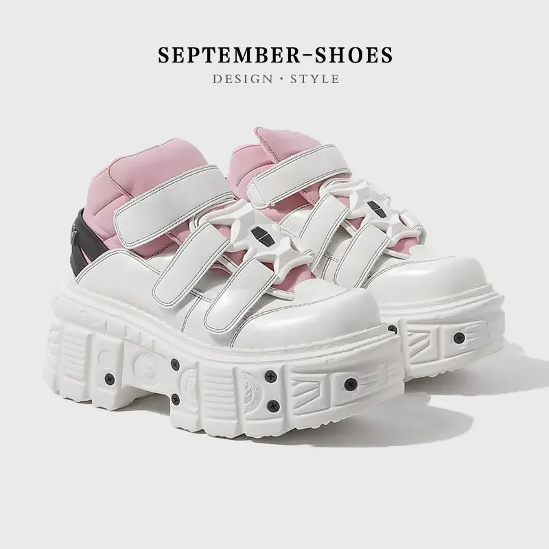 Unisex Gothic Punk Platform Shoes Velcro Strap Height Increasing Retro Motorcycle Style Y2k Aesthetic Thick Sole Leather Shoes