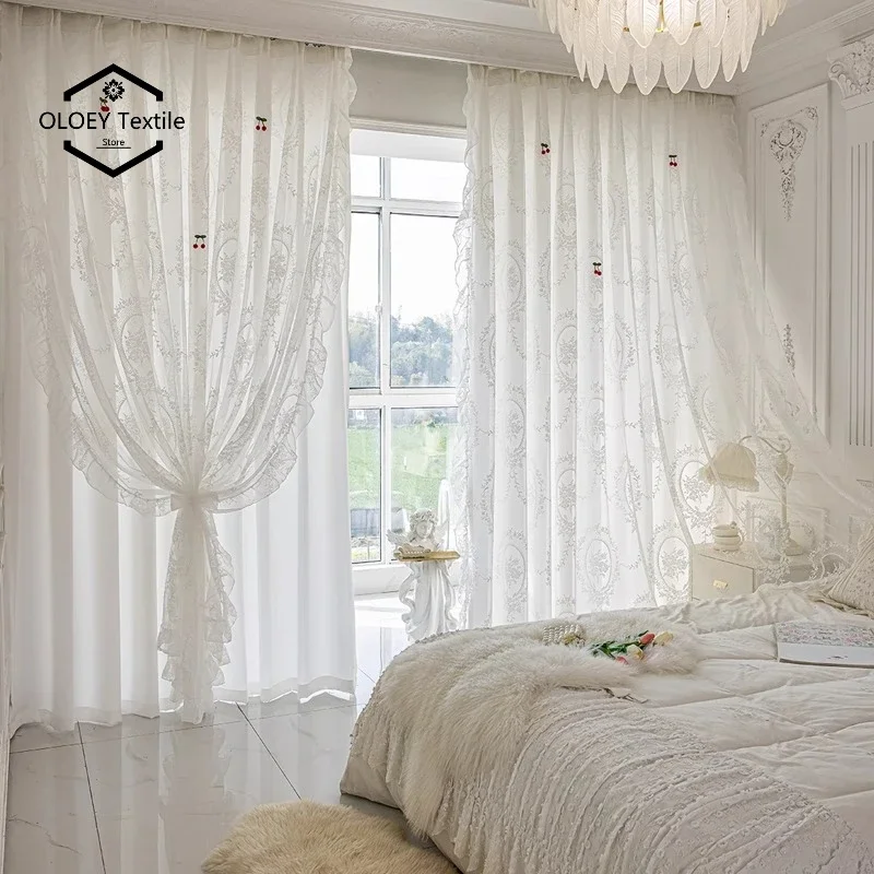

Luxury French White Lace Princess Style Double Layer Sheer Curtains for Bedroom Bay Window Door Translucent Dreamy Drapes Custom