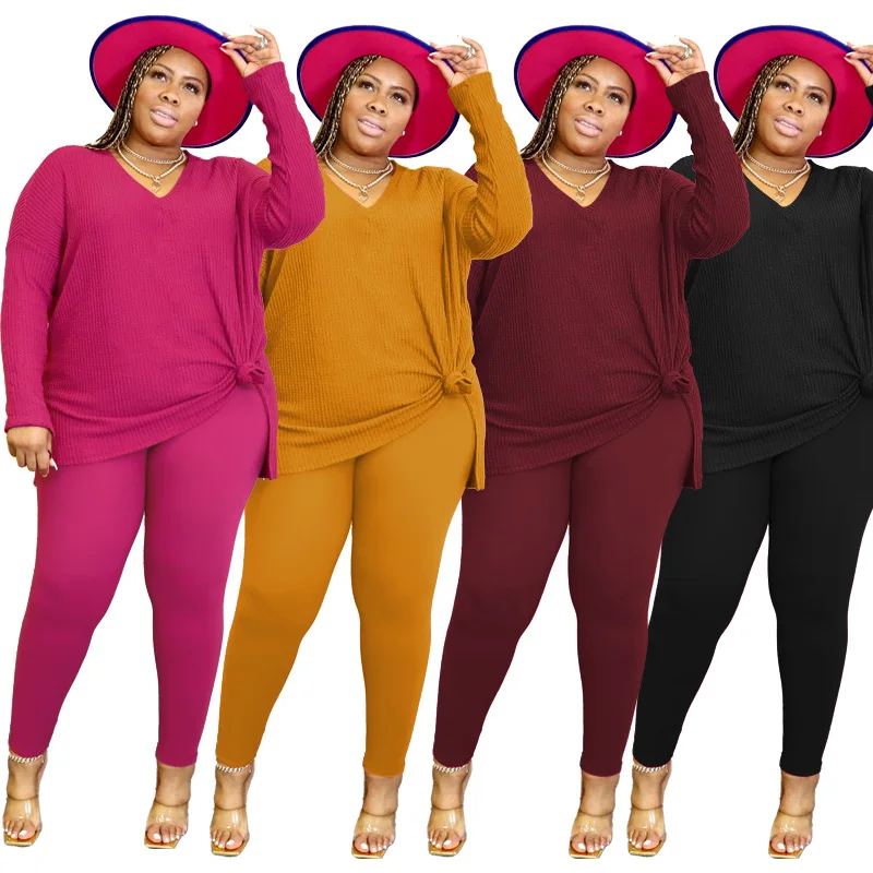 Dorywczo luźne Plus Size damskie zestawy dwuczęściowe Kniited jesienne ubrania V Neck Top długie Panst pasujące stroje hurtownia Dropshipping