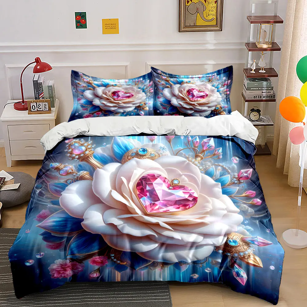 

Dreamy White Rose with Pink Jewel Heart Duvet Cover Set with 3D Printing Design Soft Polyester Bedding Set All-Season Comfort